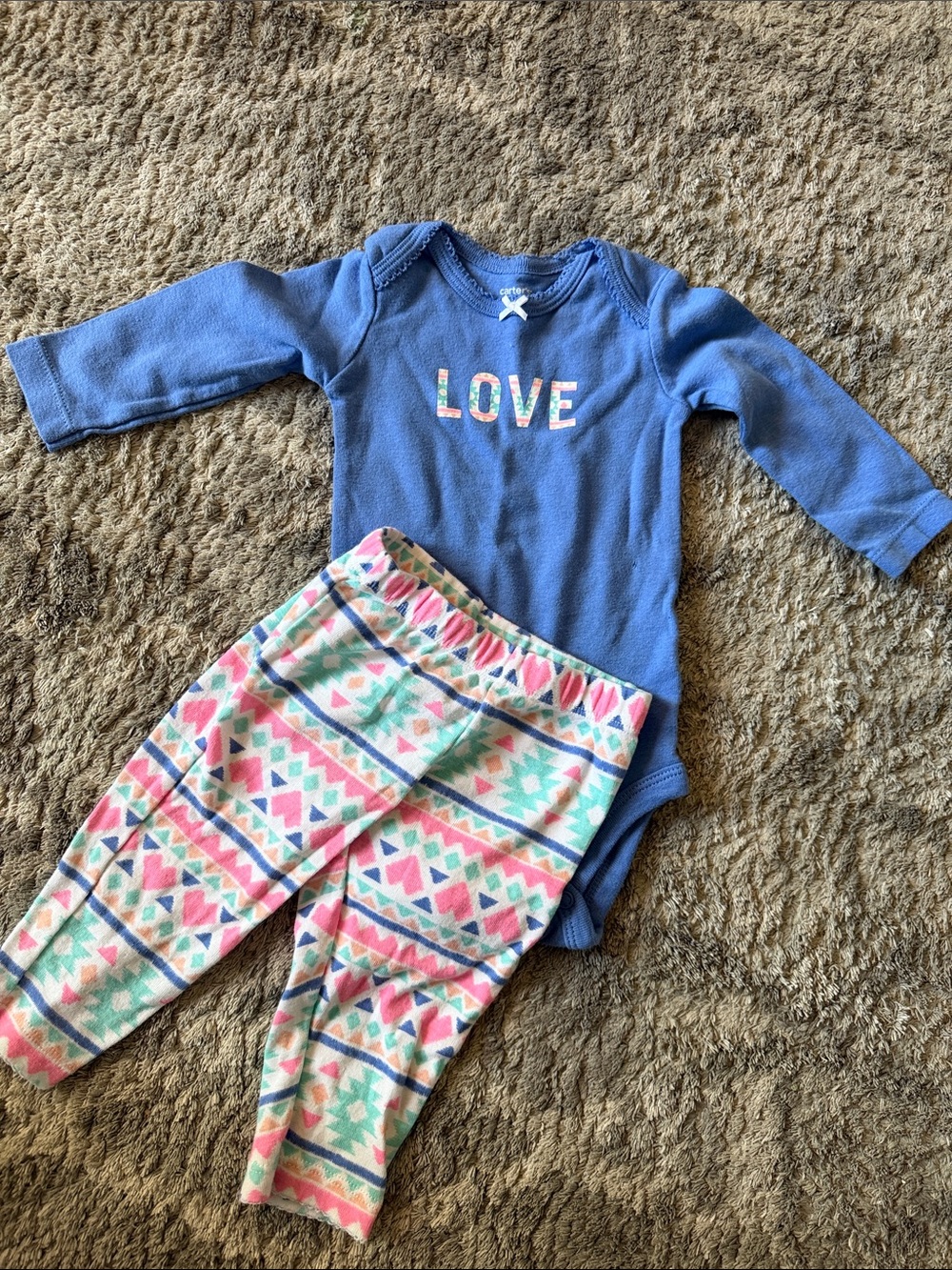 Carter's Blue 'LOVE' Bodysuit with Pink, Mint & White Patterned Pants
